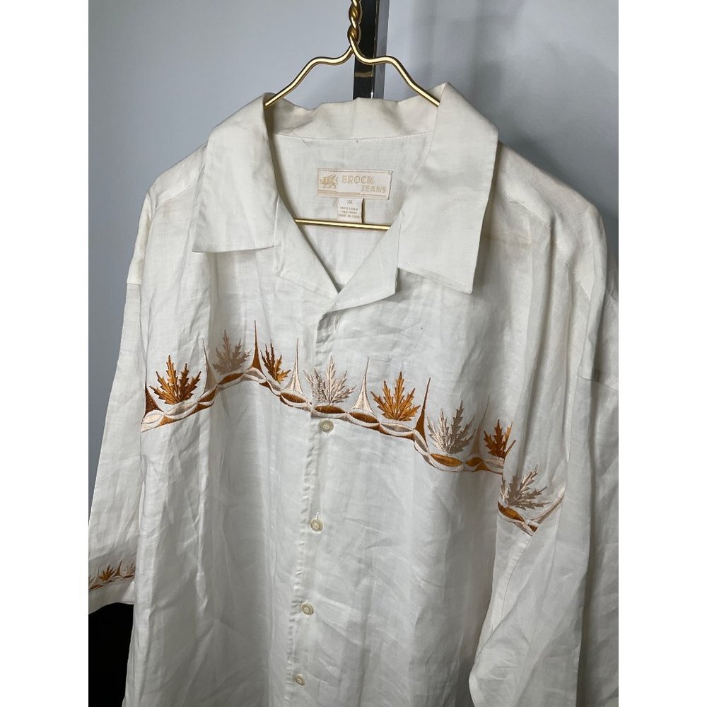 3xl Brock Jeans Beige Embroidered Leaf Linen Shirt Mens - Picture 3 of 7